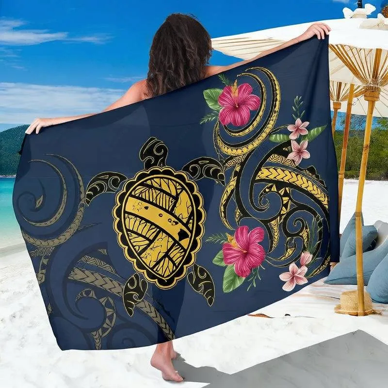 Dark Navy Polynesian Golden Tribal Turtle Hibiscus Plumeria Print Sarong, Hawaiian Spiral Tattoo Island Beach Rayon Pareo Wrap - Animal